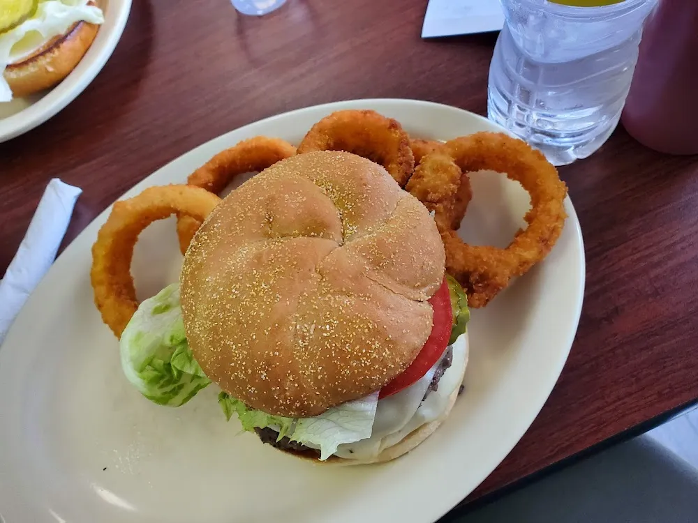 Tom's Spicy Burger and Onion Rings